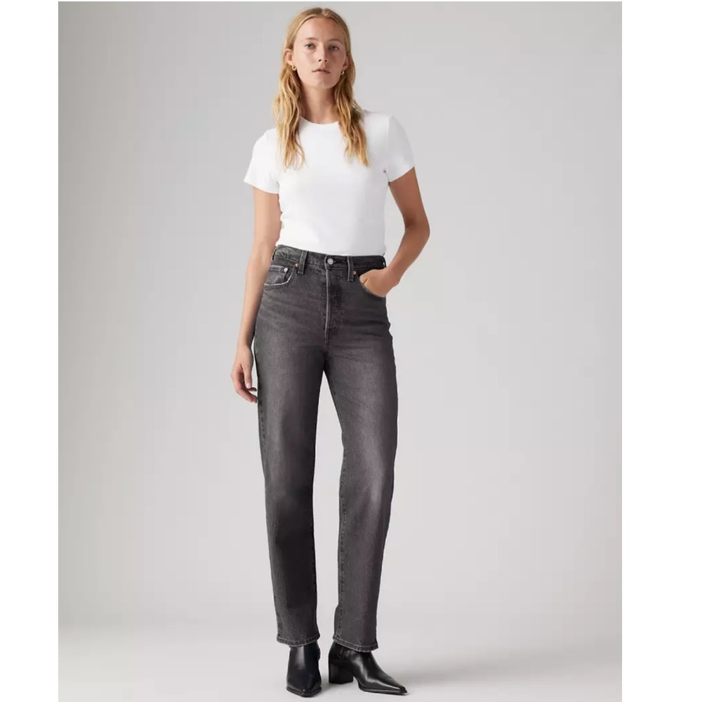 Levi’s Ribcage Straight Ankle Button Front Jeans Size 26 in Grey Denim